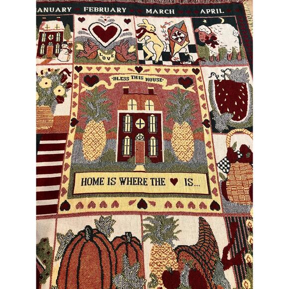 VTG Throw, Blanket, Wall Tapestry, God Bless, Calendar Seasons ,fringe 60X46 - Picture 5 of 6